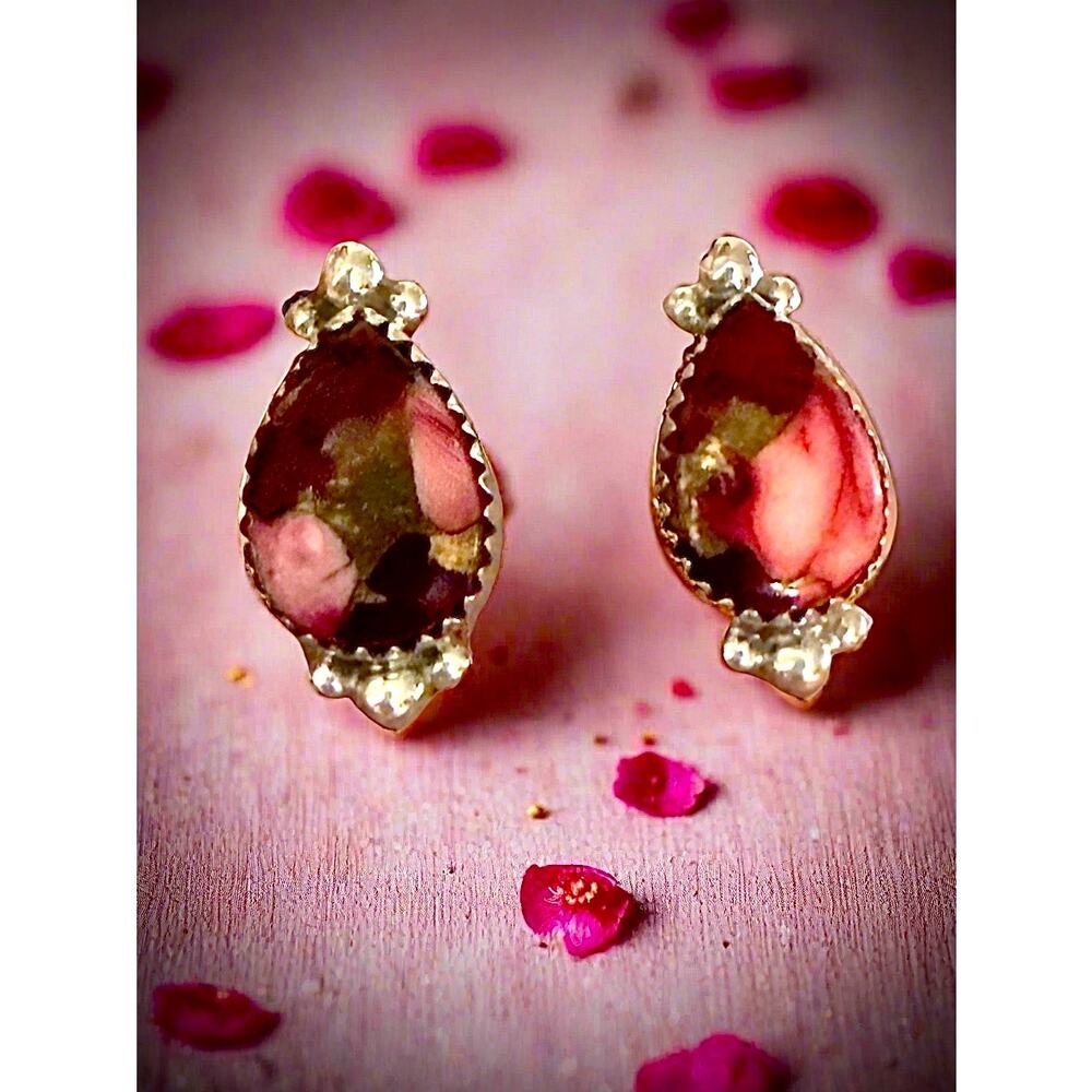 Stunning Red Rose Dahlia Teardrop Stud Earrings 1” long